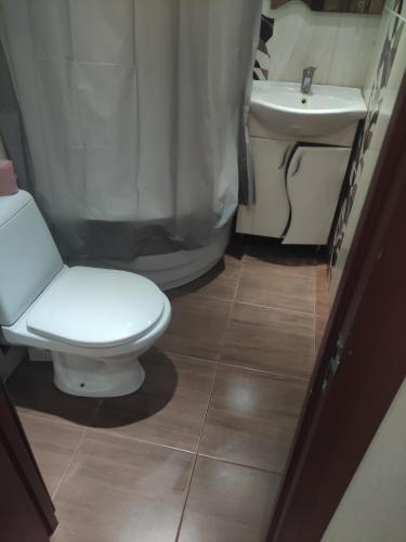 La salle de bains est pourvue de toilettes et d'un lavabo. dans l'établissement EAA, à Tiraspol