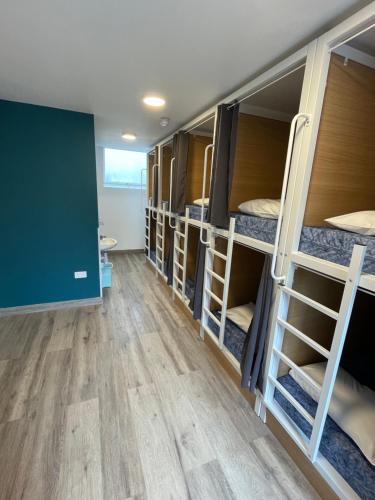 ロンドンにあるスマート カムデン イン ホステルの二段ベッドとチョークボードが備わるドミトリールームです。