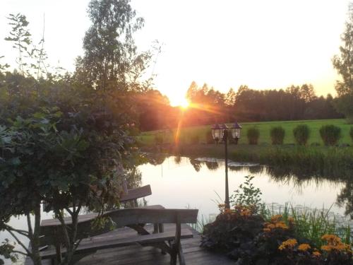 a bench sitting next to a lake with the sunset at Mikalojiškis in Inturkė