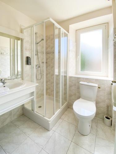 une salle de bain avec une douche, des toilettes et un lavabo dans l'établissement Hôtel Les Tilleuls de Pareloup à Salles-Curan, à Salles-Curan