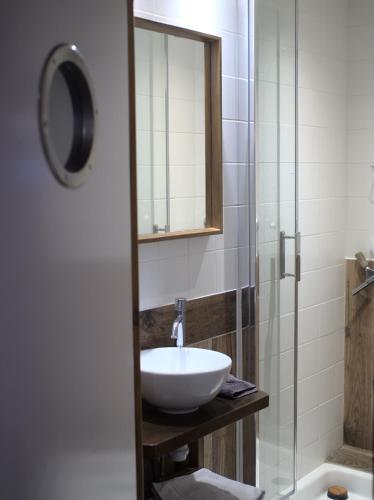 une salle de bain avec un lavabo et une douche en verre dans l'établissement Une escale à l'Écluse, à Dijon
