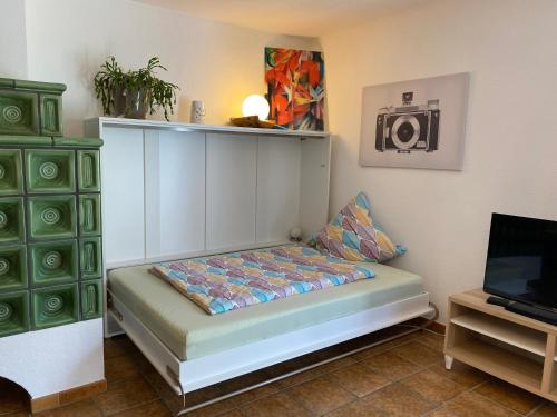Bett in einem Zimmer mit einem TV und einem Sofa in der Unterkunft Moderne Ferienwohnung mit Retro-Charme in Wülfrath