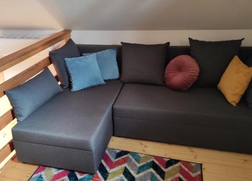 a couch with pillows on it in a room at Mikalojiškis in Inturkė