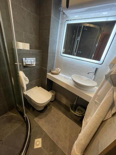 a bathroom with a toilet and a sink and a mirror at Petar Aparts in Balchik