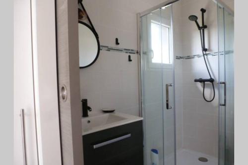 a bathroom with a sink and a shower with a mirror at Dépendance cosy in Longages