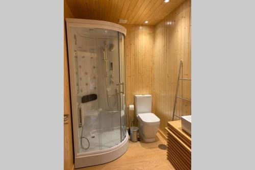 a bathroom with a shower and a toilet at Formas Patuscas, Turismo Rural in Gouveia