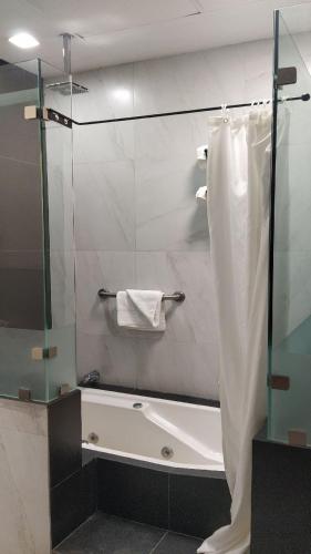 a bathroom with a shower with a tub and a shower curtain at Posada de Maria Hotel Boutique & Spa in Durango