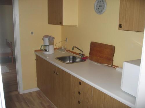 a kitchen counter with a sink and a microwave at Engbjerg BnB in Hirtshals