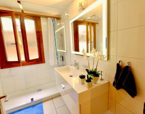 een badkamer met een wastafel, een spiegel en een bad bij Chalet Oberhofen am Thunersee in Oberhofen am Thunersee