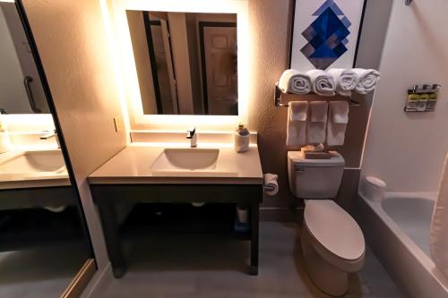 a bathroom with a sink and a toilet and a mirror at Candlewood Suites Melbourne-Viera, an IHG Hotel in Viera