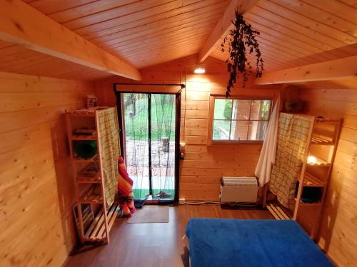 Habitación en una cabaña de madera con cama y ventana en Natural Cottage Glamping Eco-Tiny House, en Škocjan