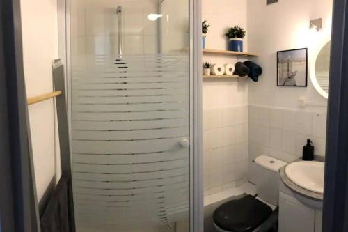 bagno con doccia in vetro, servizi igienici e lavandino di Studio, proche du Touquet, tout équipé à 100m de la plage a Stella-Plage