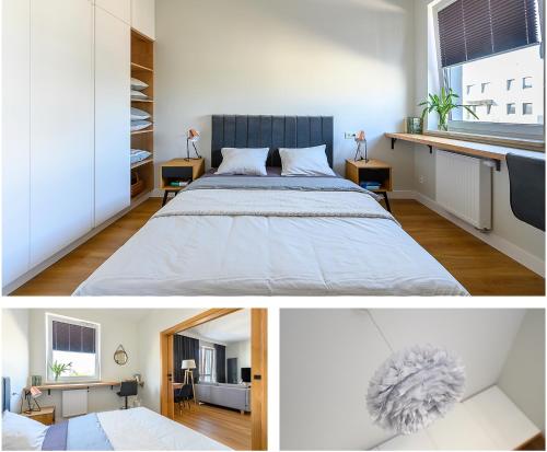 ein weißes Schlafzimmer mit einem Bett und einem Fenster in der Unterkunft Przestronny, przytulny apartament w sercu Łodzi in Łódź