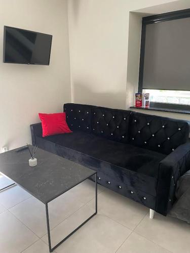 a black couch with a red pillow and a table at Bema Rooms in Łódź