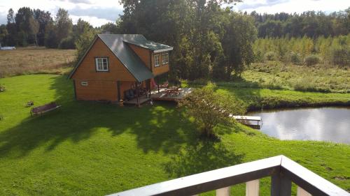 a small house on a grass field next to a river at Aratsaare Holiday home in Kõpu