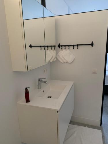 a white bathroom with a sink and a mirror at Appartement op Italiëlei in Antwerp
