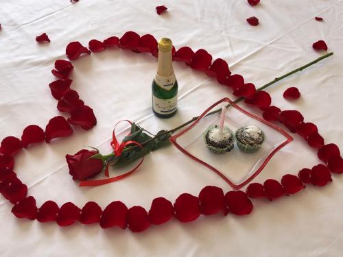 a heart with a bottle of champagne and red roses at Pensiunea Pont-Euxin in Constanţa