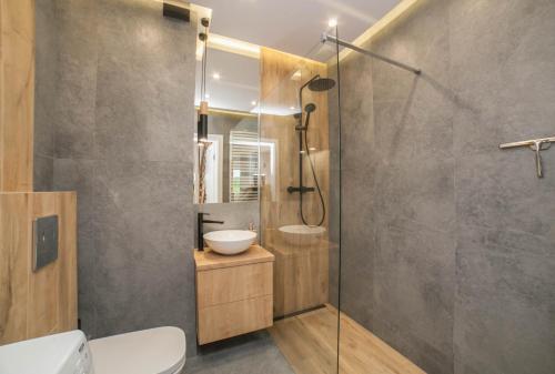 W łazience znajduje się prysznic, toaleta i umywalka. w obiekcie Apartament Klimt nad jeziorem Juno w Mragowie w mieście Mrągowo