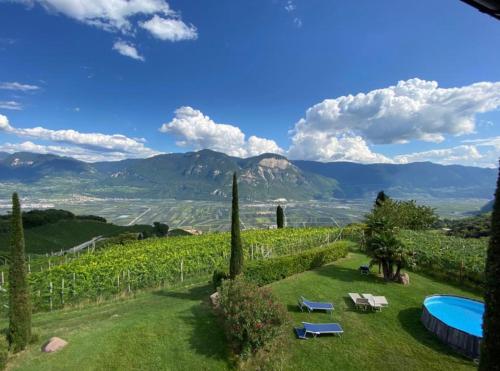 a villa with a pool and a view of a vineyard at Santlhof - Sauvignon in Cortaccia