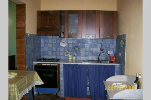 Una cocina con paredes de azulejos azules y un fregadero. en CASA DELLE PALME GIARRE SICILIA A 3 KM DAL MARE, en Giarre