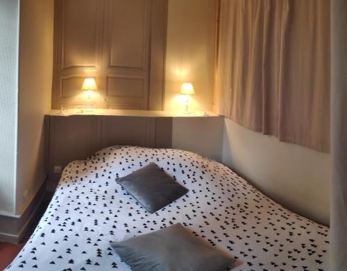 ein Bett in einem kleinen Zimmer mit zwei Kissen darauf in der Unterkunft Le cosy cour privée clim wifi 3 etoiles in Châteauroux