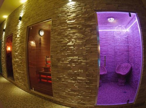 a bathroom with a purple shower with two toilets at Hotel Wellness & SPA Antyczny Dwór in Rudna Mała