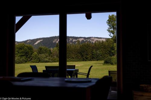 a view of a table and chairs through a window at Les Jardins du Hérisson Chalet 2 in Bonlieu