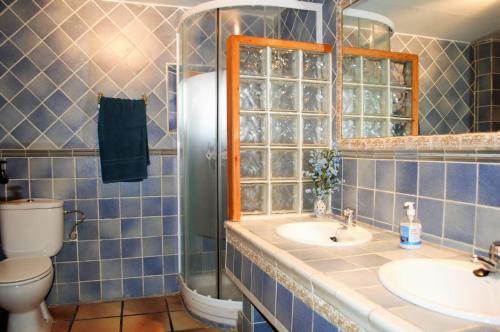 Baño de azulejos azules con aseo y lavamanos en Casa Rural El Huerto del Trucho, en Oliete