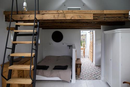 a bedroom with a bunk bed with a ladder at Vinonima Vendégház in Hegymagas