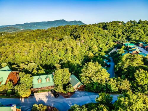 an aerial view of a house and a river in a forest at Cozy log cabin!! In heart of PF & close to the Smokies in Pigeon Forge