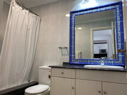 a bathroom with a white toilet and a blue mirror at Billy's Beachfront Apartment with pool access in Puerto de Mogán