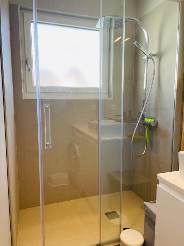 une douche avec une porte vitrée dans une salle de bain dans l'établissement Appartement lumineux à 300m de la mer, à Berck-sur-Mer