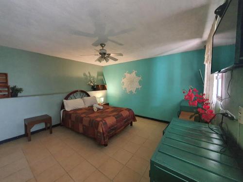 Hierba De Conejo Hostel في مدينة أواكساكا: غرفة نوم بسرير ومروحة سقف