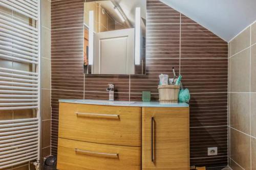 une salle de bain avec un lavabo et un miroir dans l'établissement Reims Centre : appartement lumineux et atypique 46, Place d'Erlon, à Reims