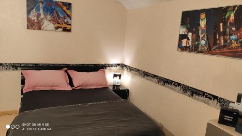 ein Schlafzimmer mit einem Bett und zwei Bildern an der Wand in der Unterkunft Petit coin de Paradis in Fontaine-lès-Luxeuil