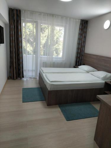 a bedroom with a large bed and a large window at Hotel Breaza in Breaza