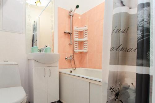 y baño con aseo, lavabo y ducha. en APARTMENT on Sobornyi Avenue 61 en Oleksandriya