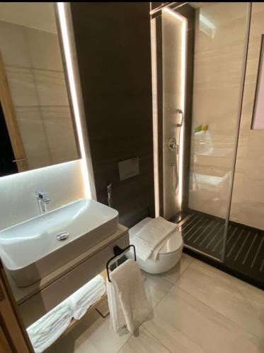 a bathroom with a sink and a toilet and a shower at Lilac Hotel - Amman in Amman
