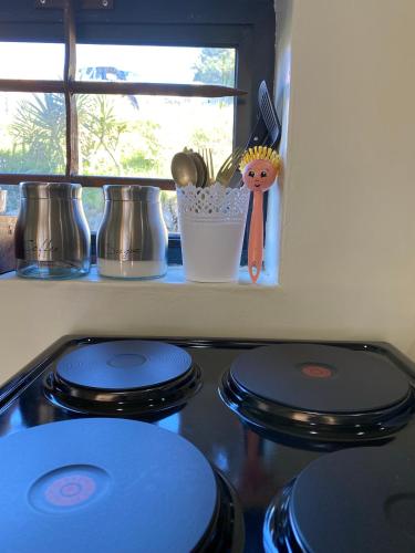 a stove top with blue plates on top of it at Best Place Ever in Hout Bay