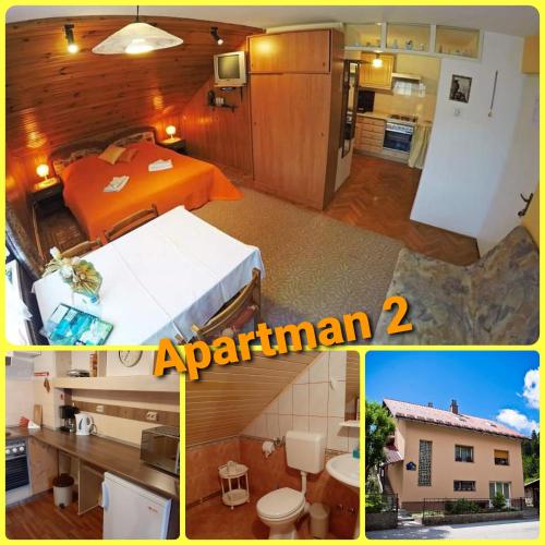 a collage of pictures of a bedroom with a bed at Apartments Gale in Delnice