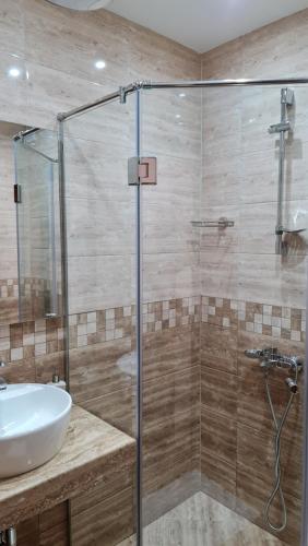 y baño con ducha acristalada y lavamanos. en Hotel Geppy, en Sofía
