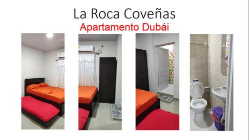 four pictures of a room with a bed and a toilet at La Roca Coveñas Apartamentos in Coveñas