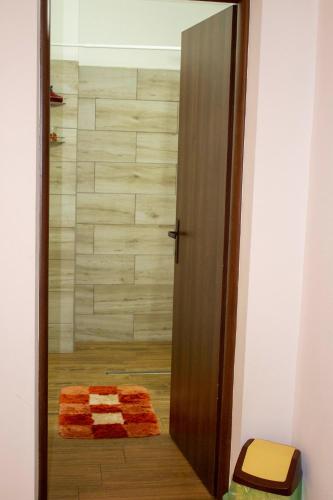 a door leading to a shower with a rug at Pensiunea Mariana in Ocna Şugatag