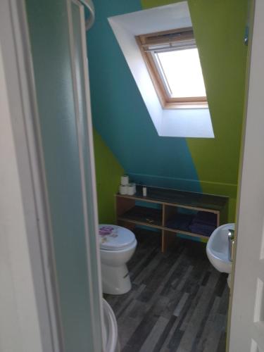 a bathroom with a toilet and a skylight at Studio roeze in Roézé-sur-Sarthe