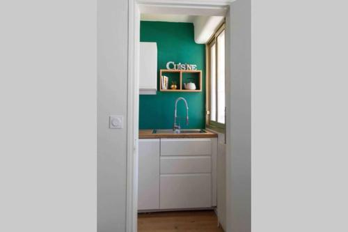 eine Küche mit einem Waschbecken und einer grünen Wand in der Unterkunft Studio les pieds dans l eau en hyper centre in Arcachon