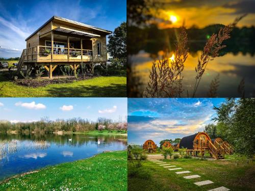 quatre photos différentes d'une maison et d'un lac dans l'établissement Camping du Staedly, à Roeschwoog