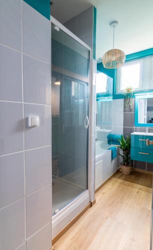 une salle de bain avec une douche avec une porte vitrée dans l'établissement Oasis Anjou, à Saumur