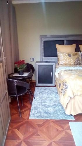 a bedroom with a bed and a table and a chair at Authentic Bicycle Tours and Backpackers in Soweto