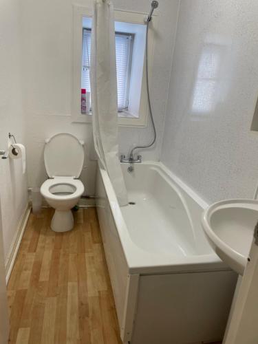 a bathroom with a toilet and a tub and a sink at Rainforest 1 in Campbeltown