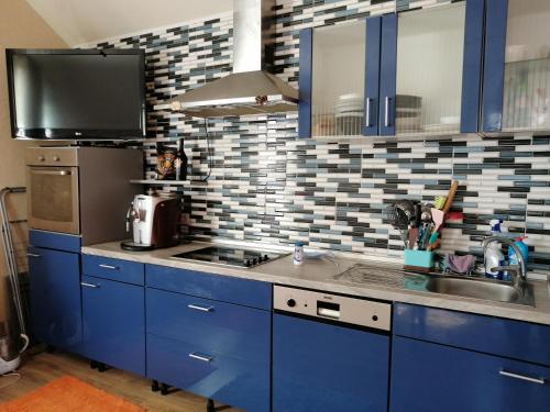 eine Küche mit blauen Schränken und einem Waschbecken sowie einem TV in der Unterkunft Freedom in Uschhorod